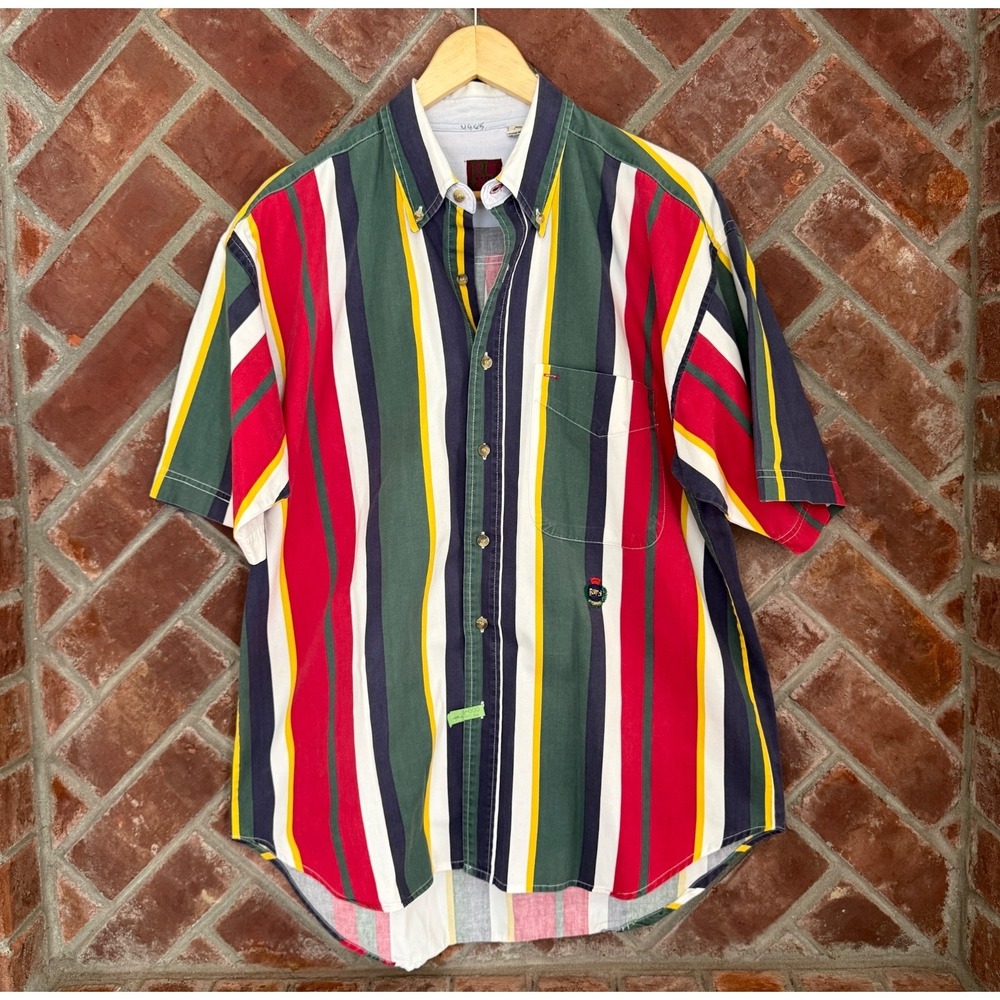 Vintage Ruff Button Down Shirt Striped Red Green Mens M Colorblock 90s Blokecore